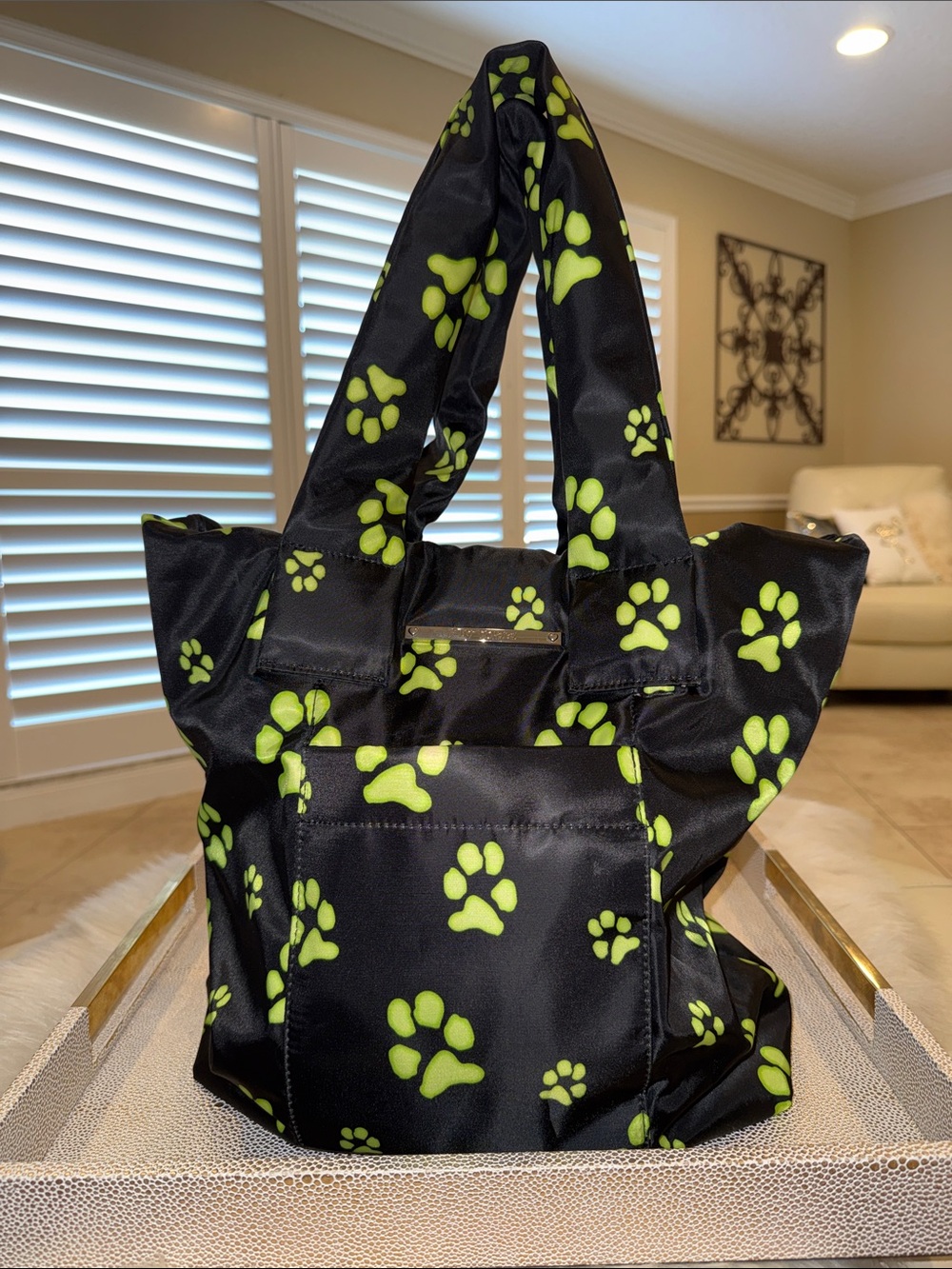 Betsey Johnson Black Tote with Neon Green Paw Print
